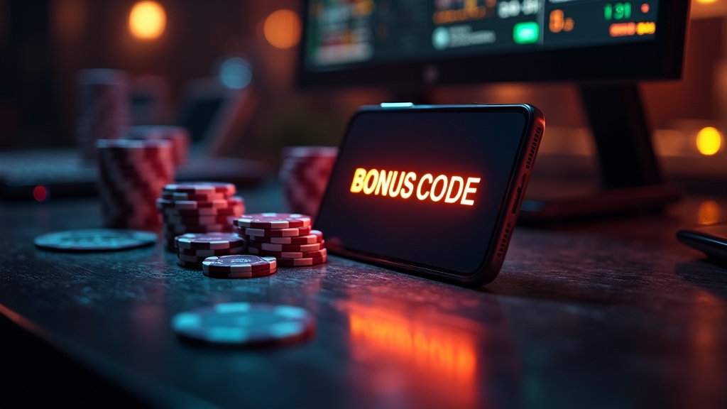 Dark casino desk with a glowing promo code field and neon chips