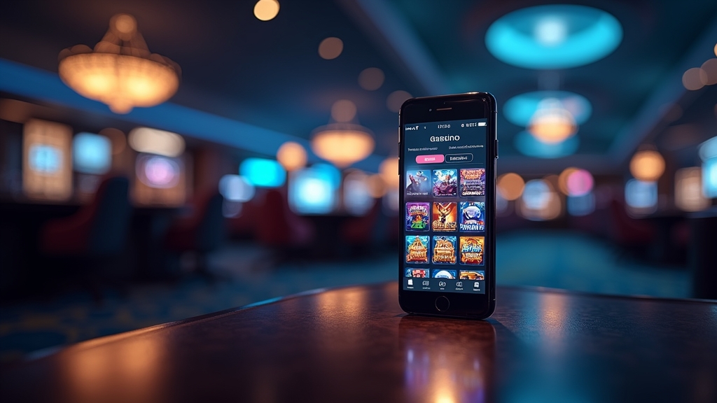 Smartphone showing a sleek casino app lobby in a dark casino setting