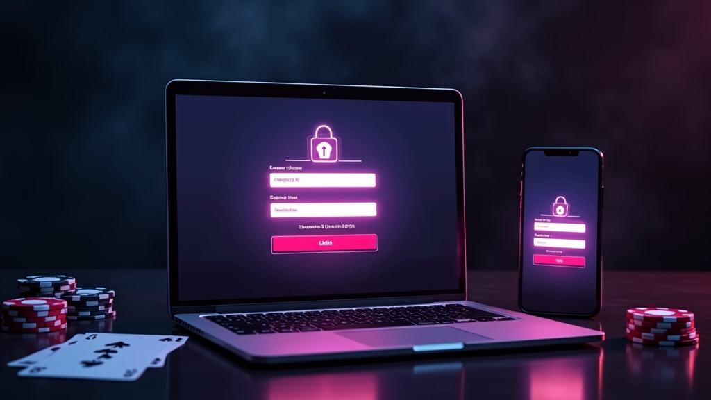 Laptop i smartfon pokazujące formularz logowania do kasyna w ciemnej neonowej scenerii