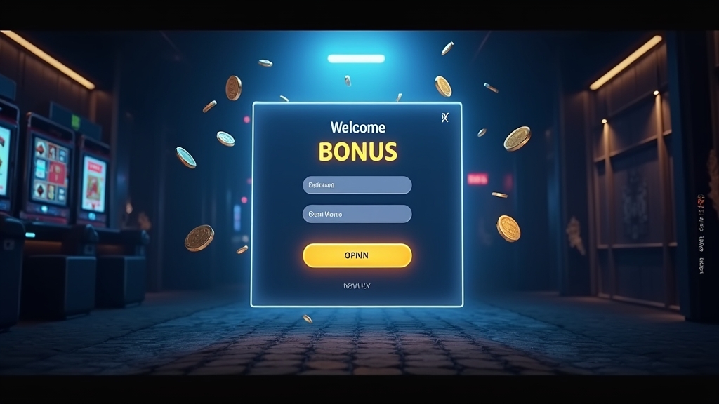 Casino welcome screen showing a new-player bonus in a dark lobby