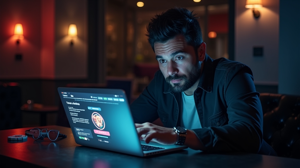 Player checking promo terms on a laptop in a dark casino lounge